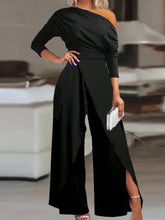 Women's Autumn Casual Minimalist Oblique Shoulder Slit Wide Leg Jumpsuit